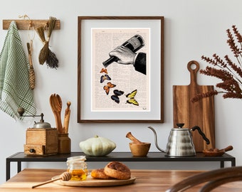 Butterfly Wine Bottle Art Print | Colorful Butterflies Collage on Dictionary Page | Whimsical Kitchen Bar Decor