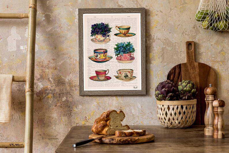 Vintage tea cups collection poster Tea cup art Kitchen art Etsy