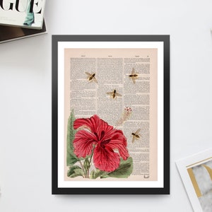 Flower wall art, Gift for mom, Art prints Christmas giftBees and the Hibiscus, Save the bees art, botanical wall art, home decor, BFL003 image 7