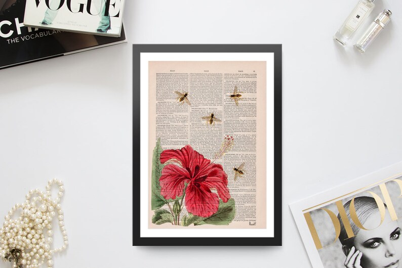 Flower wall art, Gift for mom, Art prints Christmas giftBees and the Hibiscus, Save the bees art, botanical wall art, home decor, BFL003 image 7