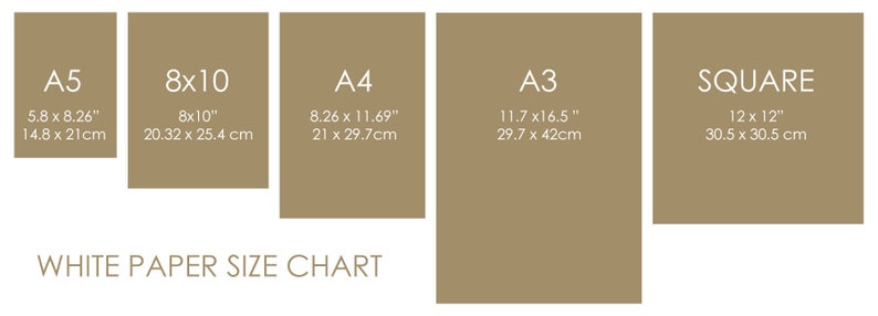 Peut inclure: Un tableau montrant les diff&eacute;rentes tailles de papier blanc, y compris A5, 8x10, A4, A3 et Carr&eacute;. Le tableau comprend les dimensions en pouces et en centim&egrave;tres.