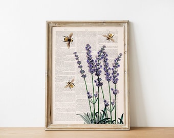 Lavender Bee Art Print: Upcycled Book Page Cottagecore Decor