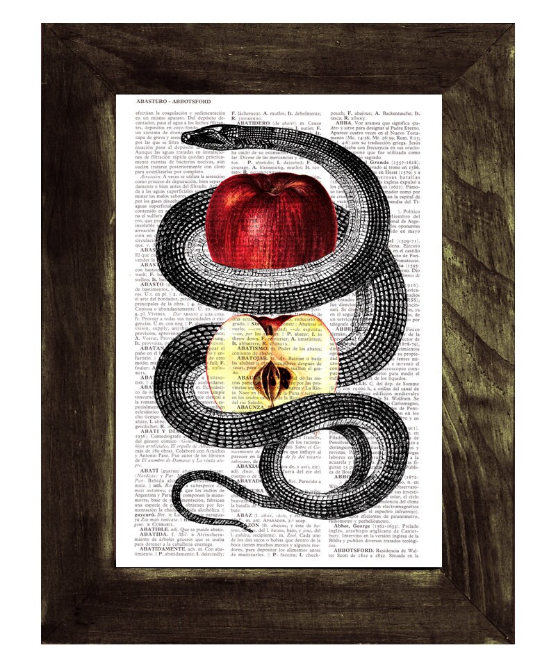 蛇とリンゴのアートプリント | 聖書の誘惑神話装飾 | ヴィンテージ辞書