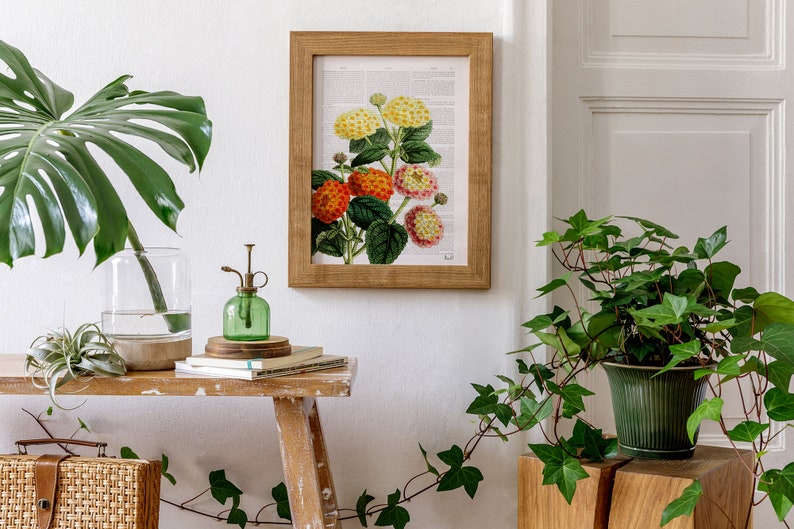 May include: A framed botanical print of a cluster of yellow, orange, and pink flowers with green leaves. The print is hanging on a white wall above a wooden table with a potted plant and a glass vase.