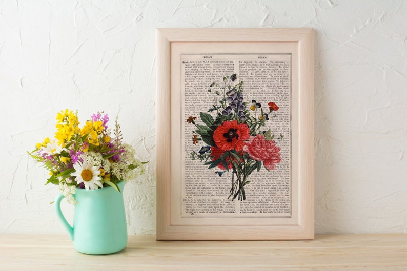 Vintage botanical art , Wall decor, Floral Bouquet on Dictionary Botanical wall art, Housewarming gift, Home gifts, Plant wall art, BFL146 image 5