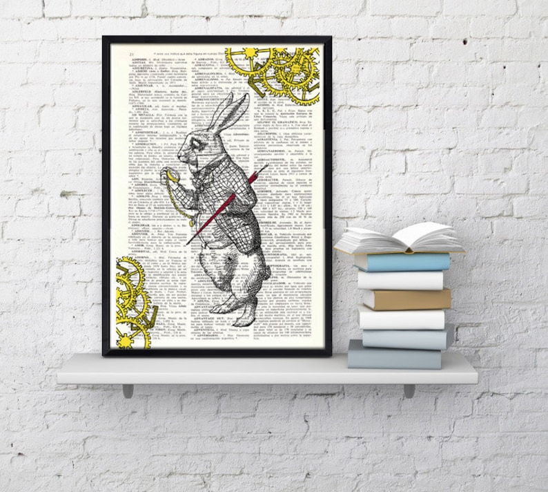 Antique Book page Art Print Alice in Wonderland White Rabbit Nursery Wall Art