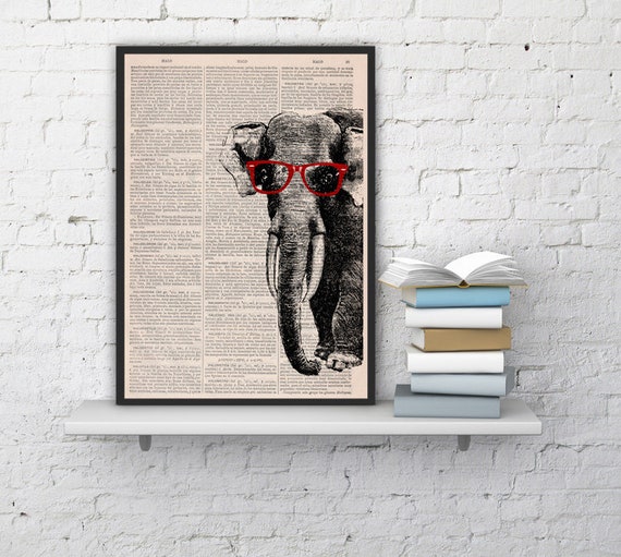 Geek Elephant with glasses Wall art Wall decor Digital Etsy