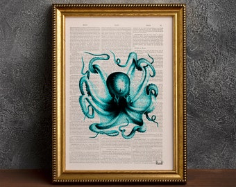 Art Print Turquoise Octopus I Dictionary art  Book Turquoise Octopus Print, Seaside wall art, SEA057