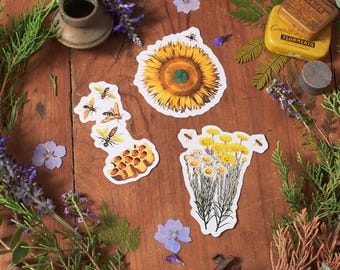 Bloemenbijenstickers: Zonnebloem, honingraat, gele bloemen - Set van 3