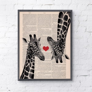 Wall decor art, home gift, Gift for her, Giraffes in love Red heart on Vintage book page perfect for gifts, Unique gift, ANI012b image 7