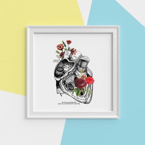 Heart with Roses Art Wall art print Anatomy Illustration Love Wall Art Anatomical Heart SKA080 Square 12x12 inches
