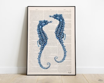 Ocean Wall Art,  Housewarming gift, new home gift, best friend gift, Blue Sea Horse couple Book Print Sea horses on Dictionary Page, SEA095