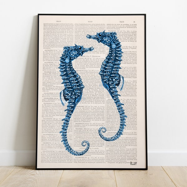 Ocean Wall Art,  Housewarming gift, new home gift, best friend gift, Blue Sea Horse couple Book Print Sea horses on Dictionary Page, SEA095