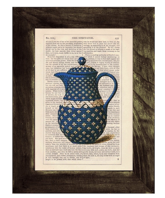Vintage Blue Tea pot printed on dictionary book page Upcycled Etsy