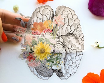 Flowery Brain Sticker: Clear Anatomical Brain Decal