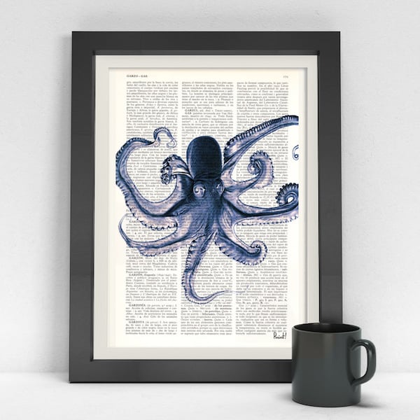 Octopus Art, Blue Octopus Print, wall art, Print poster, Octopus wall decor, Giclee print, SEA007