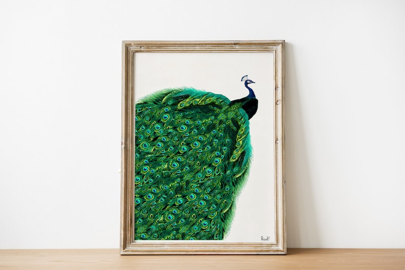 Beautiful Peacock with endless tail wall ,Housewarming art for New home, Emerald green Wall Art, peacock art, ANI149 image 4