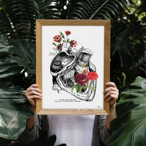 Heart with Roses Art Wall art print Anatomy Illustration Love Wall Art Anatomical Heart SKA080 A3 White 11.7x16.5 inches