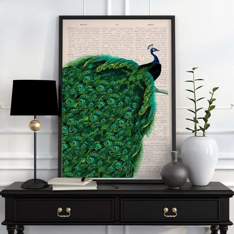 Beautiful Peacock with endless tail wall ,Housewarming art for New home, Emerald green Wall Art, peacock art, ANI149 image 1