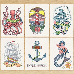 Decoração para casa, conjunto de cartões engraçados - Conjunto de cartões postais temáticos de mar de tatuagem da velha escola - Arte de tatuagem de polvo - Desenhos desenhados à mão - PSC013