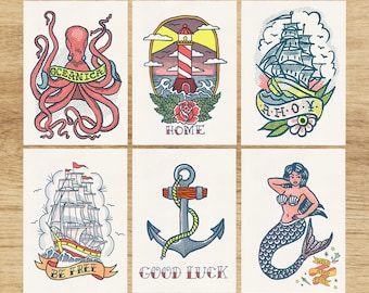 Old School Tattoo Postcard Set: Sea Theme Art Prints
