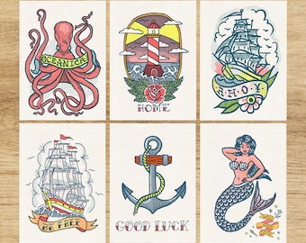 Home Decor, Funny Card Set - Old school Tattoo Sea themed Postcards Set - Octopus Tattoo art - Hand drawn designs - PSC013