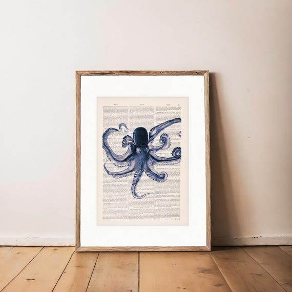 ブルーオクトパスプリント：ヴィンテージ辞書アートポスター - Etsy 日本