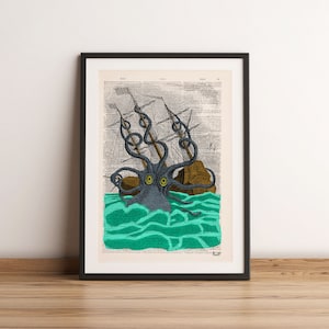 Geschenk für ihn, bunter riesiger Seeungeheuer Kraken Oktopus Kunstdruck auf Vintage-Wörterbuchseite, Kunst-Kinderzimmer, Wandposter, Heimdekoration, SEA078