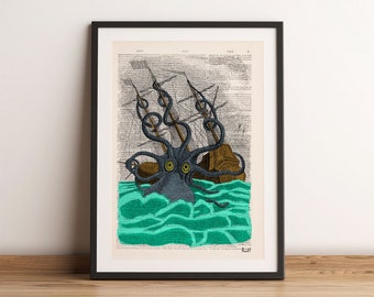 Cadeau pour lui, impression d'art pieuvre Kraken monstre marin géant coloré sur page de dictionnaire vintage, pépinière d'art, affiche murale, décoration intérieure, SEA078