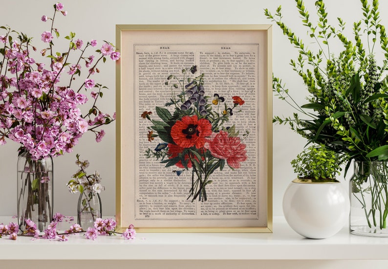 Vintage botanical art , Wall decor, Floral Bouquet on Dictionary Botanical wall art, Housewarming gift, Home gifts, Plant wall art, BFL146 image 3
