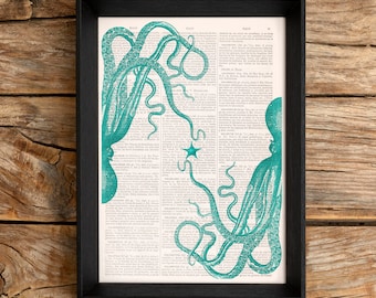 Art Print Octopus in love. Wall art sea life print. Wall decor sea foam octopus. Octopus art SEA115