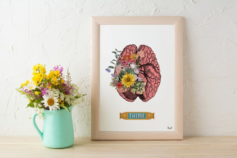 Wall art print Brain Flower Art Anatomy Illustration Brain Wall Art Anatomy Print Anatomical Poster SKA131 A4 White 8.2x11.6 inches