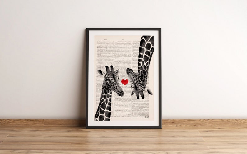 Wall decor art, home gift, Gift for her, Giraffes in love Red heart on Vintage book page perfect for gifts, Unique gift, ANI012b image 1