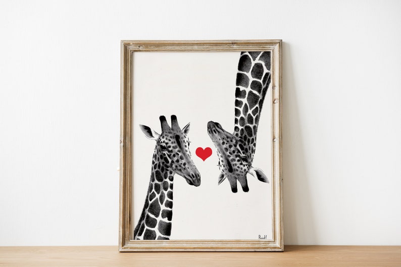 Wall decor art, home gift, Gift for her, Giraffes in love Red heart on Vintage book page perfect for gifts, Unique gift, ANI012b image 3