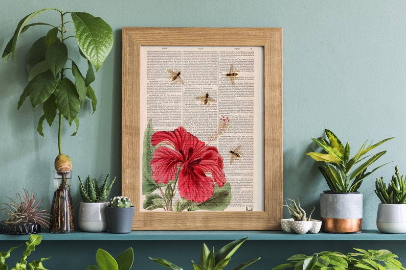 Flower wall art, Gift for mom, Art prints Christmas giftBees and the Hibiscus, Save the bees art, botanical wall art, home decor, BFL003 image 2