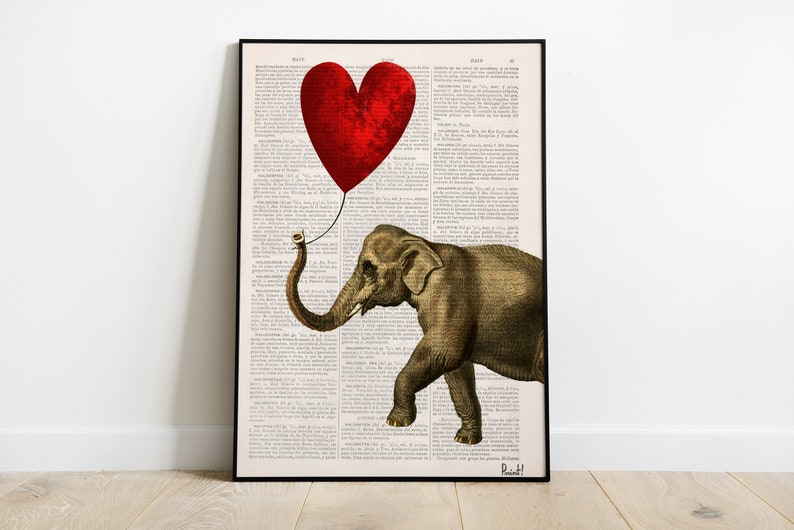 Original Art, Housewarming home gift, Elephant with Heart shaped balloon, New home gift, Nature art, Funny wall art, Original art, ANI083 image 2