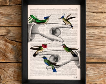 Quirky Hummingbird & Hands Collage Art Print |  Surreal Decor | Funny Anatomy Gift for Him/Her