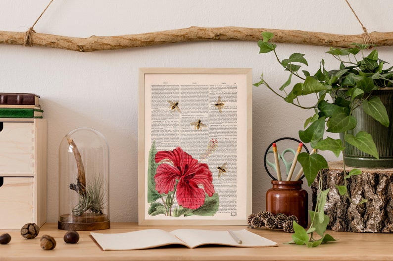 Flower wall art, Gift for mom, Art prints Christmas giftBees and the Hibiscus, Save the bees art, botanical wall art, home decor, BFL003 image 4
