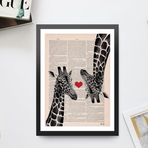 Wall decor art, home gift, Gift for her, Giraffes in love Red heart on Vintage book page perfect for gifts, Unique gift, ANI012b image 6