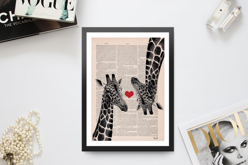 Wall decor art, home gift, Gift for her, Giraffes in love Red heart on Vintage book page perfect for gifts, Unique gift, ANI012b image 6