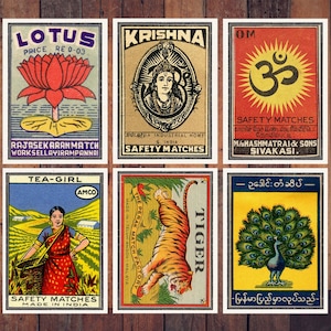 Indian Iconic Streichholzschachteln, Postkartenset, Vintage-Stil Druck, dreifarbiger Druckstil, Streichholzschachtel Art Prints, Postkartenset von 6