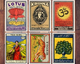 Indian Iconic Matches Boxes,  Postcards set, Vintage style printing, Tricolor printing style, Matches Box Art Prints, Postcard set of six