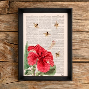 Flower wall art, Gift for mom, Art prints Christmas giftBees and the Hibiscus, Save the bees art, botanical wall art, home decor, BFL003 image 1