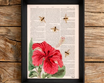 Flower wall art, Gift for mom,  Art prints Christmas giftBees and the Hibiscus, Save the bees art, botanical wall art, home decor, BFL003