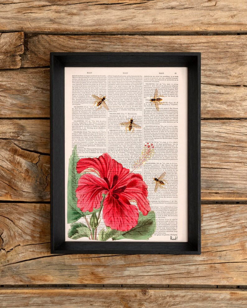 Flower wall art, Gift for mom, Art prints Christmas giftBees and the Hibiscus, Save the bees art, botanical wall art, home decor, BFL003 image 1