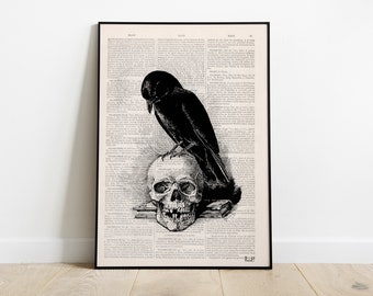 Art Prints  - Wall Art - Crow on the skull - skull art - Wall art print - Book Print - Goth Art Print - SKA070