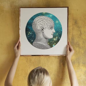 Galaxy Brain Anatomy Art Print | Cosmic Universe in Head Section | Celestial Spiritual Decor | Vintage Dictionary Page