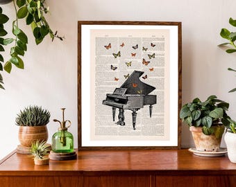 Gift for her- Piano Wall art - Music art - Butterflies over piano Print on Dictionary - gift for music teachers - BFL086