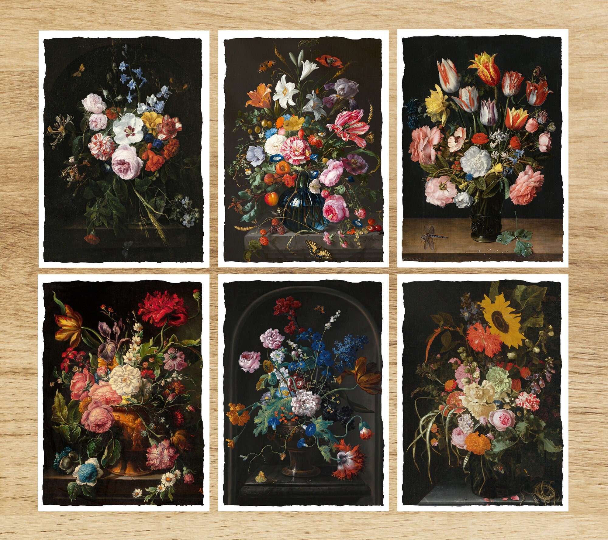 ボタニカルアートポストカード：黒の静物画の花柄カード、6枚セット
