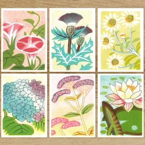 Bloemen ansichtkaarten set of miniprints, vintage stijl afdrukken, driekleurige drukstijl, bloemen ansichtkaarten, ansichtkaartenset van zes